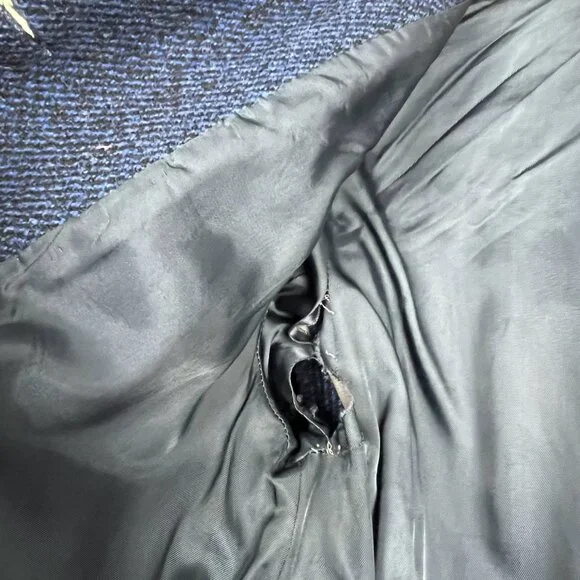 Harris Tweed blue wool overcoat vintage collared long winter coat classic flawed - Picture 12 of 14